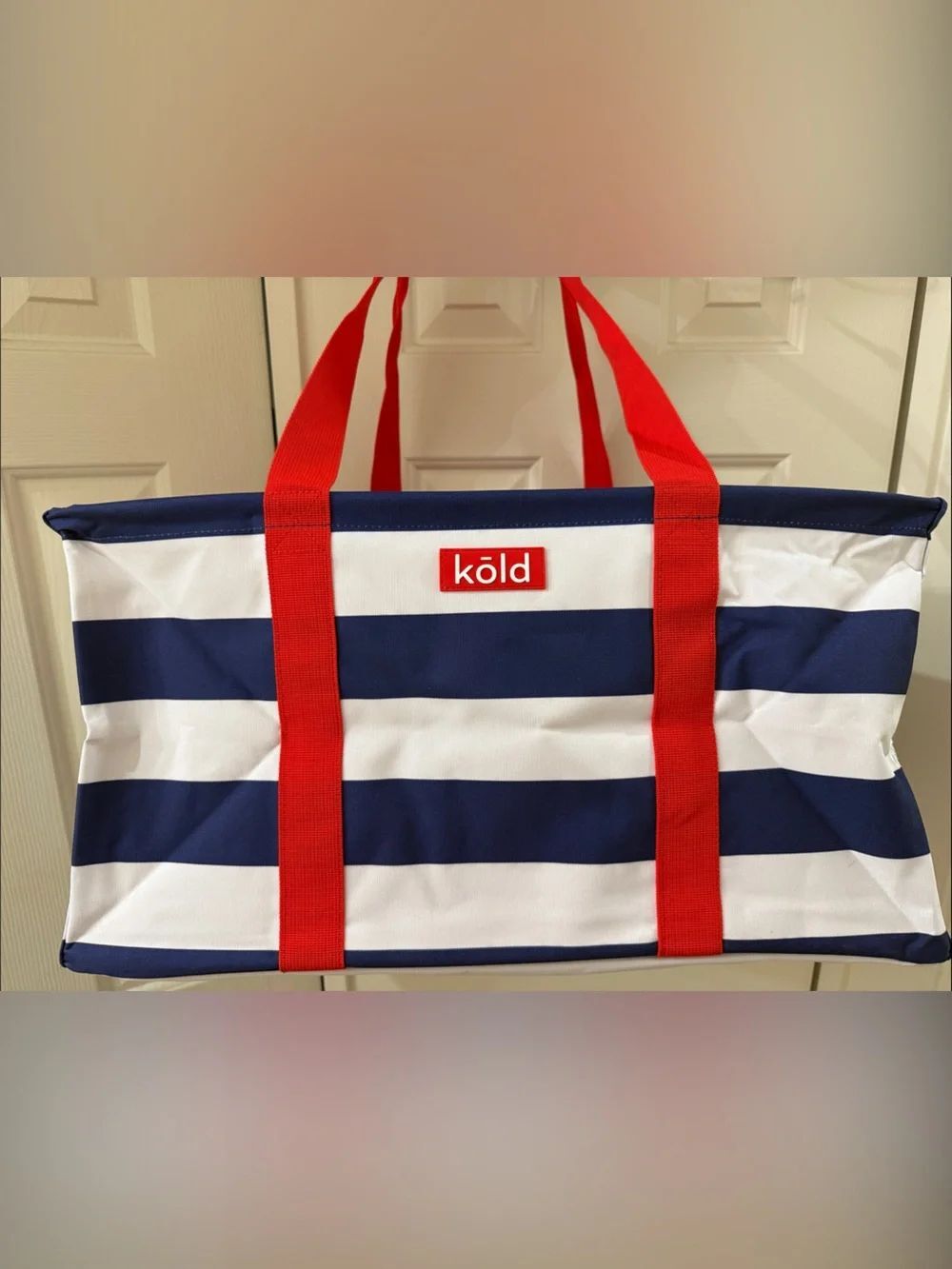 Kold Striped Utility Tote Bag Navy White Striped Red Handles 23 X 14 X 11 Inch